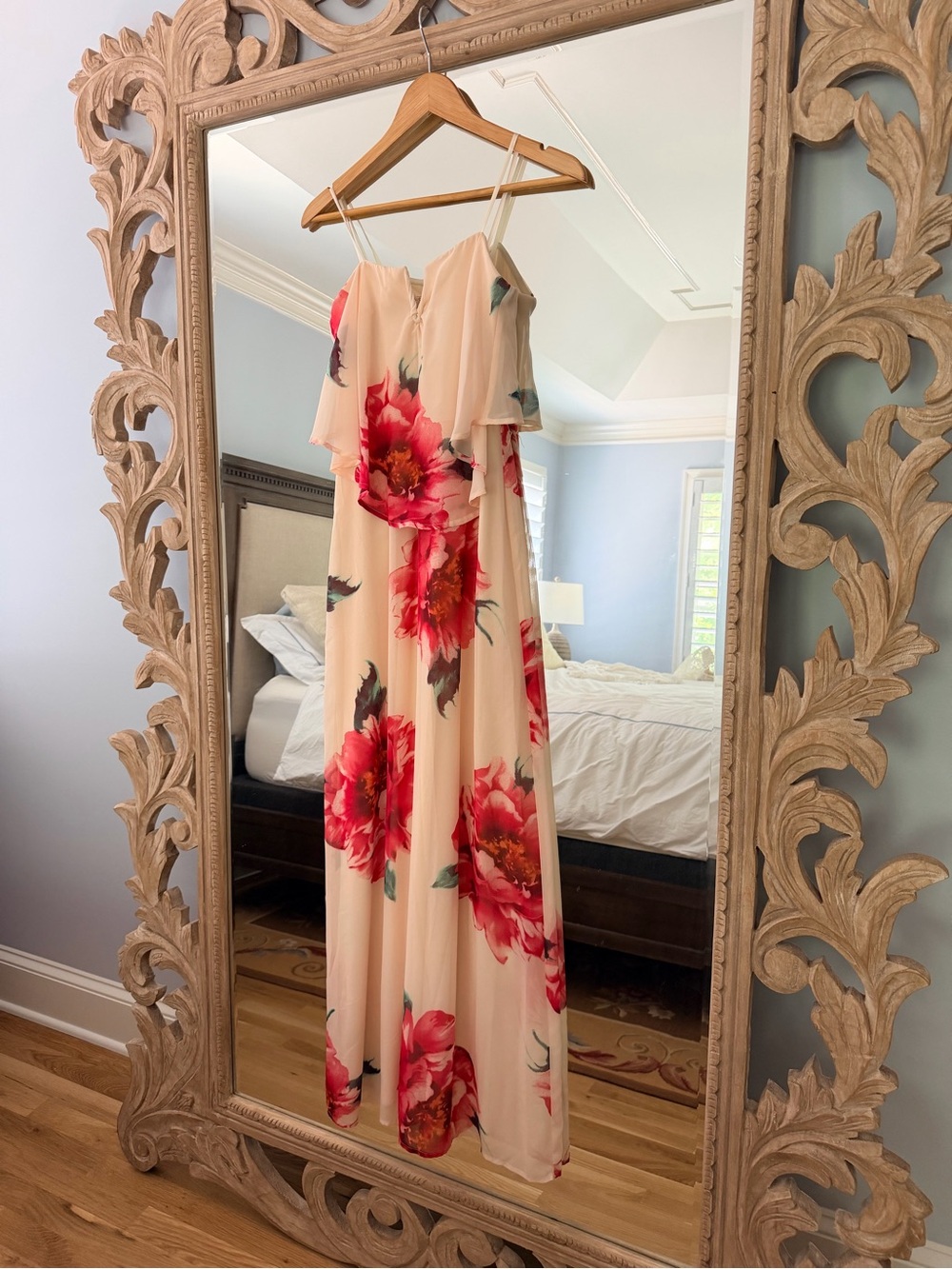 Women’s Cream Maxi Dress with Red Floral Print